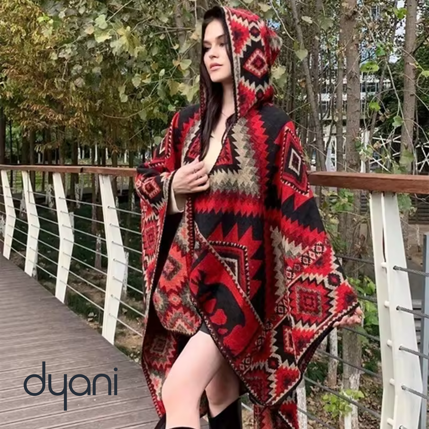 Dyani Knitted cape with Aztec Pattern Warm hooded poncho