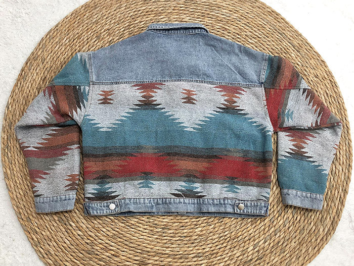 Dyani Loose Retro Blue Denim Shacket with Aztec Pattern Patchwork