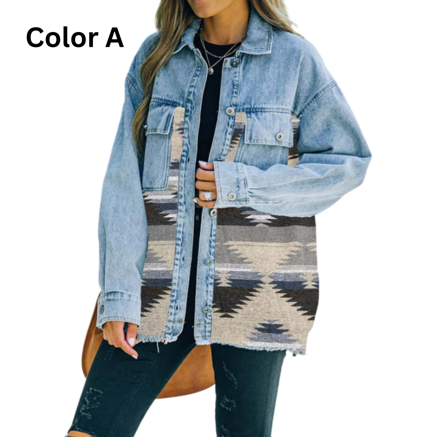 Dyani Aztec Patchwork Lapel Pocket Retro Denim Retro Loose Women's Shirt Jacket