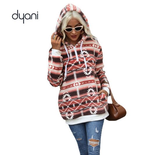 Dyani Warm Fuzzy Aztec Pattern Sherpa Pullover Hoodie