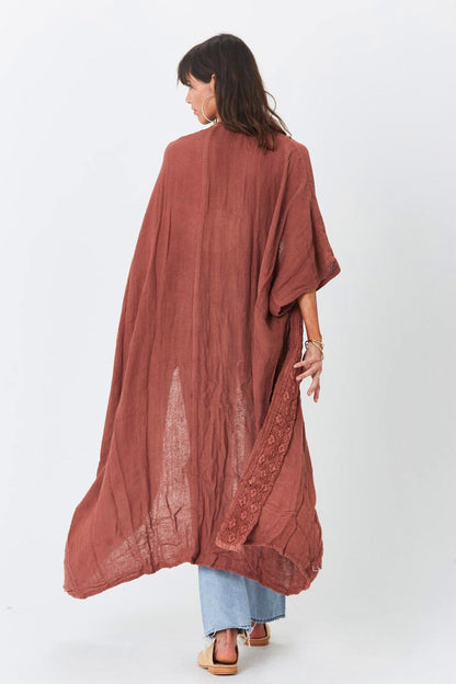 Dyani Long Loose Embroidered Slubbed Fabric Kimono