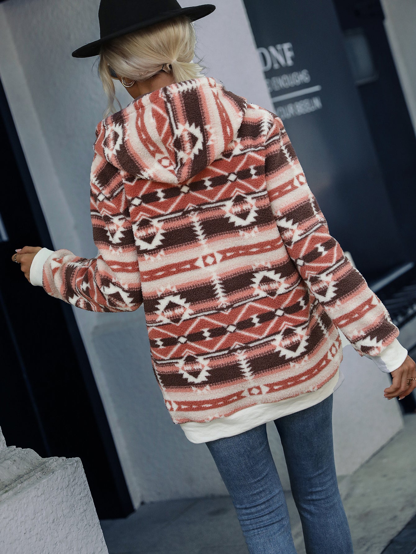 Dyani Warm Fuzzy Aztec Pattern Sherpa Pullover Hoodie