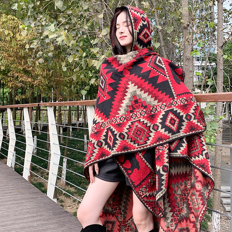 Dyani Knitted cape with Aztec Pattern Warm hooded poncho