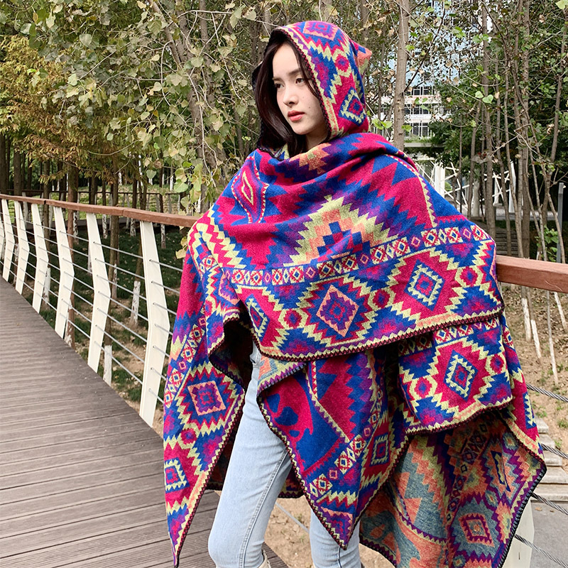 Dyani Knitted cape with Aztec Pattern Warm hooded poncho