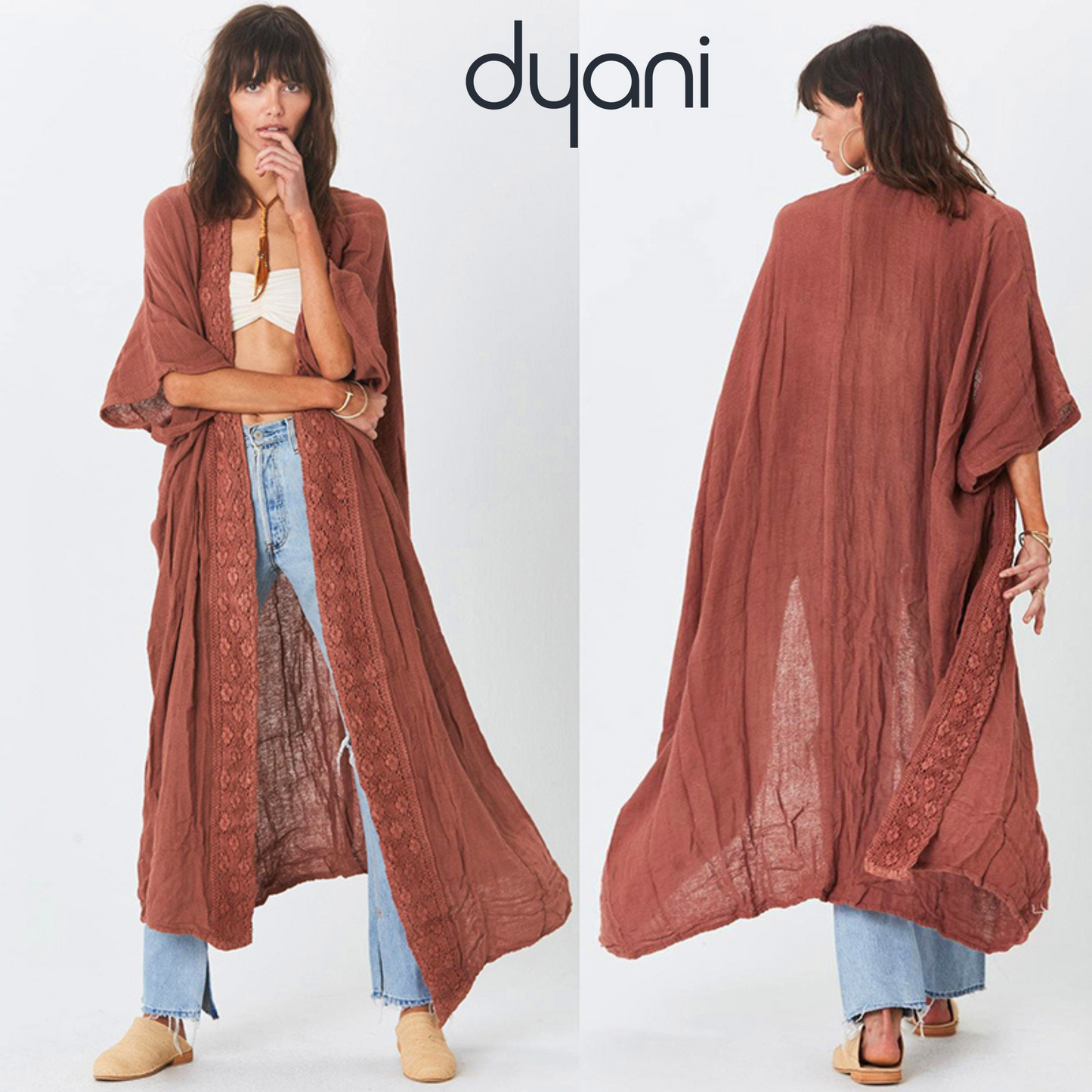 Dyani Long Loose Embroidered Slubbed Fabric Kimono