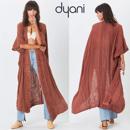 Dyani Long Loose Embroidered Slubbed Fabric Kimono