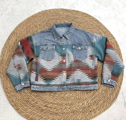 Dyani Loose Retro Blue Denim Shacket with Aztec Pattern Patchwork