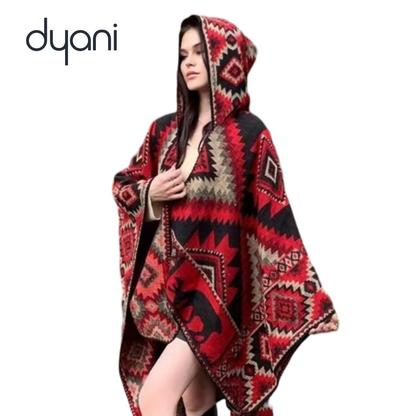 Dyani Knitted cape with Aztec Pattern Warm hooded poncho