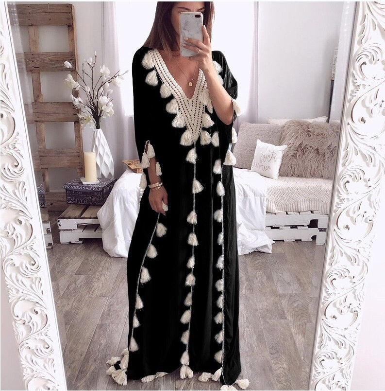 Dyani Loose Tassel Ruffer Short Sleeve Moroccan Kaftan Dress