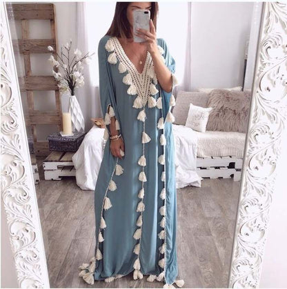 Dyani Loose Tassel Ruffer Short Sleeve Moroccan Kaftan Dress