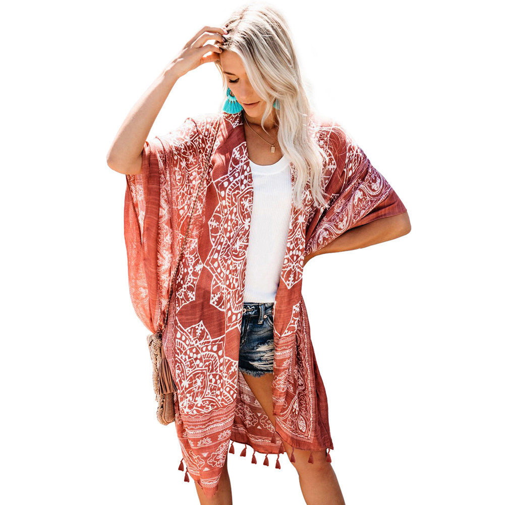 Dyani Mandala Design Kimono Beach Cover with Tassels