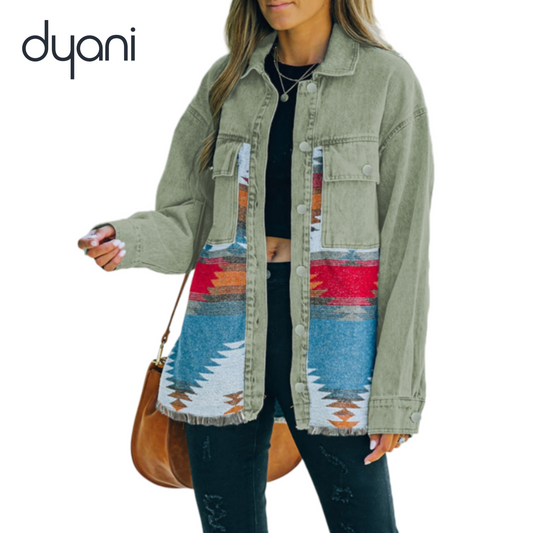 Dyani Aztec Patchwork Lapel Pocket Retro Denim Retro Loose Women's Shirt Jacket