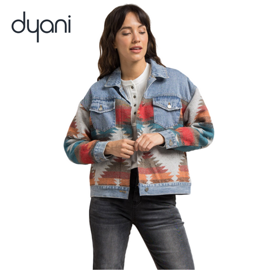 Dyani Loose Retro Blue Denim Shacket with Aztec Pattern Patchwork